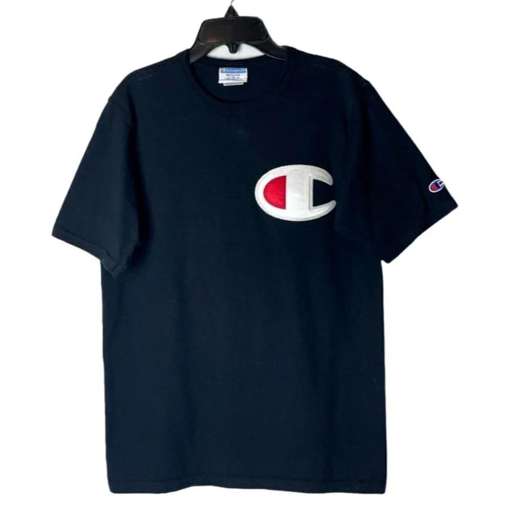 Champion Black Patriotic C Logo Cotton Short Sleeve Crew Neck Tee Size M - Picture 2 of 6